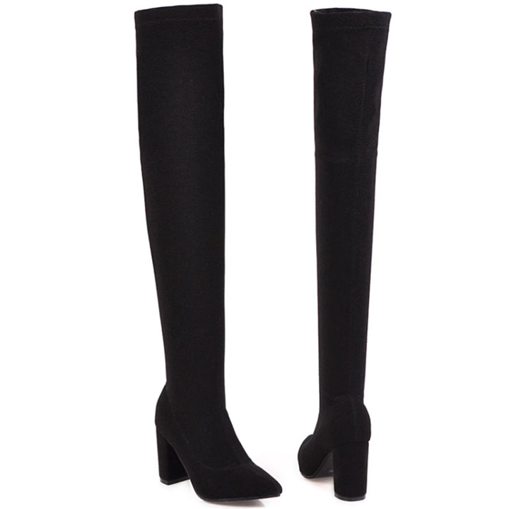 Elastic chunky heels thigh boots pointed toe