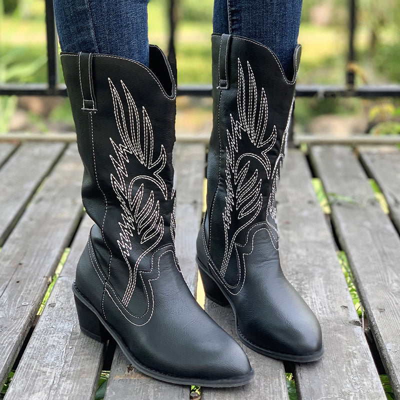 Embroidered cowboy boots fashion front v cut chunky heel mid calf boots