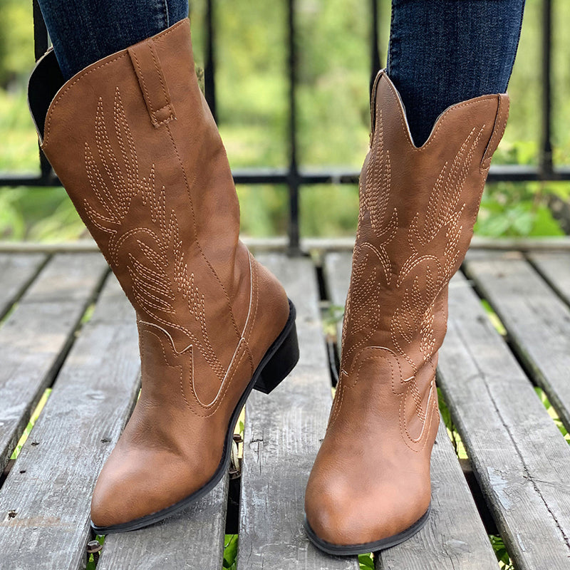Embroidered cowboy boots fashion front v cut chunky heel mid calf boots