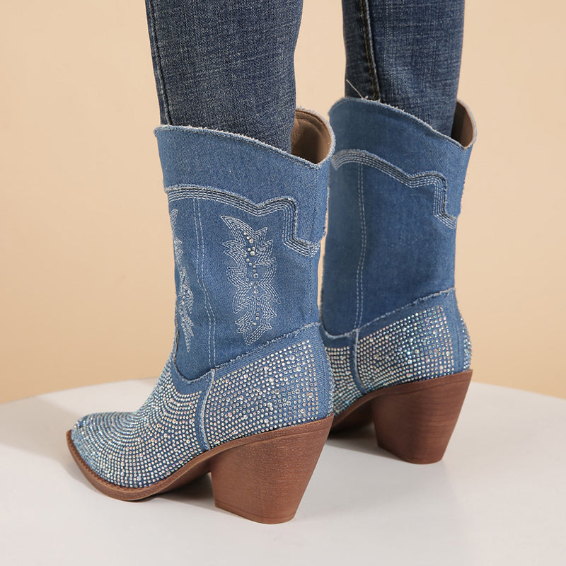 Embroidered cowboy boots mid calf chunky heel rhinestone western boots