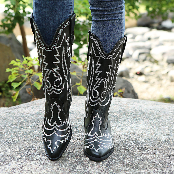 Embroidered cowboy boots pointed toe chunky heel mid calf boots
