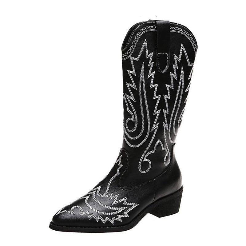 Embroidered cowboy boots pointed toe chunky heel mid calf boots