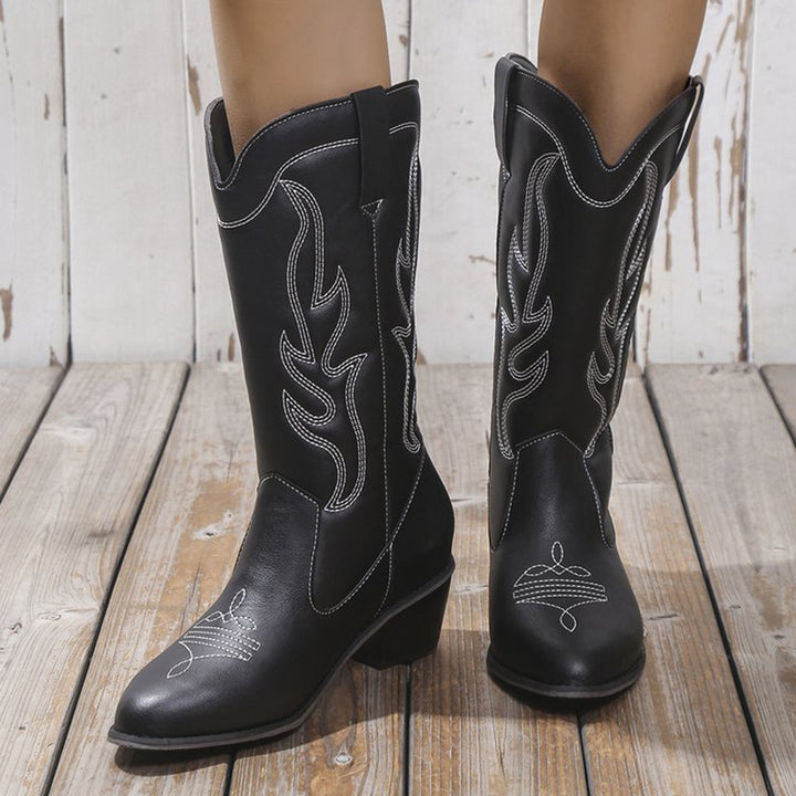Embroidered cowboy boots wide calf chunky heel mid calf boots