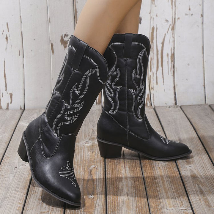 Embroidered cowboy boots wide calf chunky heel mid calf boots