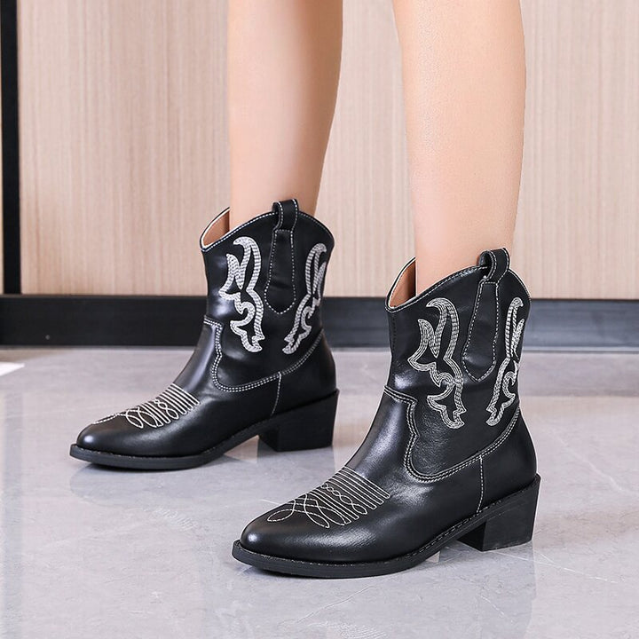 Embroidered short cowboy boots winter fall chunky heeled booties