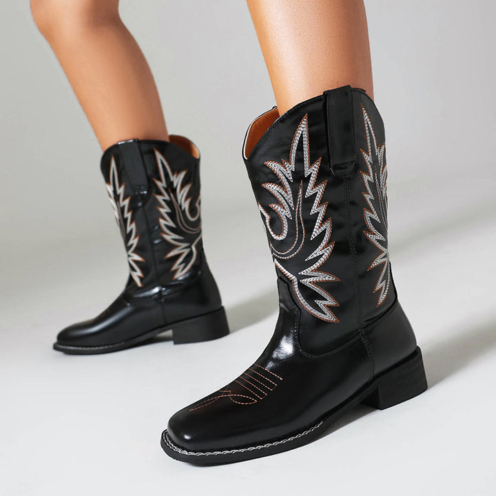 Embroidery vintage mid calf western boots