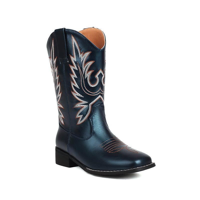 blue Embroidery vintage mid calf western boots
