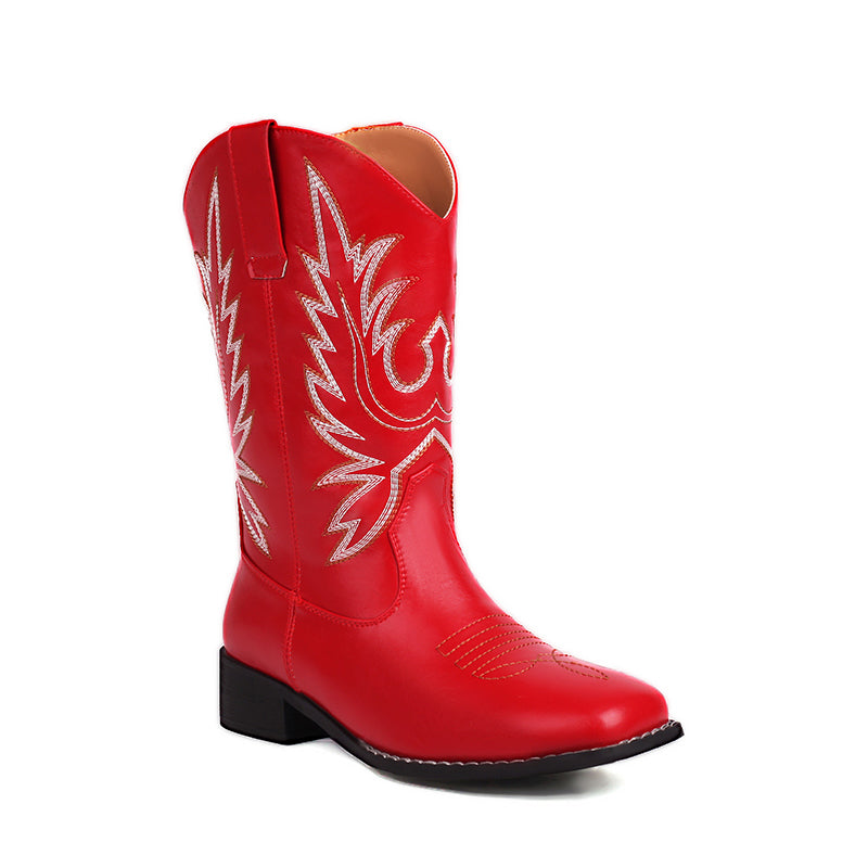 red Embroidery vintage mid calf western boots
