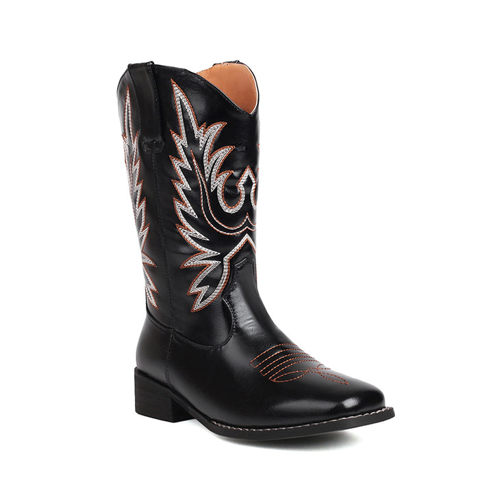 black Embroidery vintage mid calf western boots