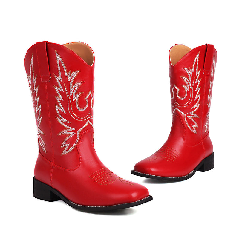 red Embroidery vintage mid calf western boots