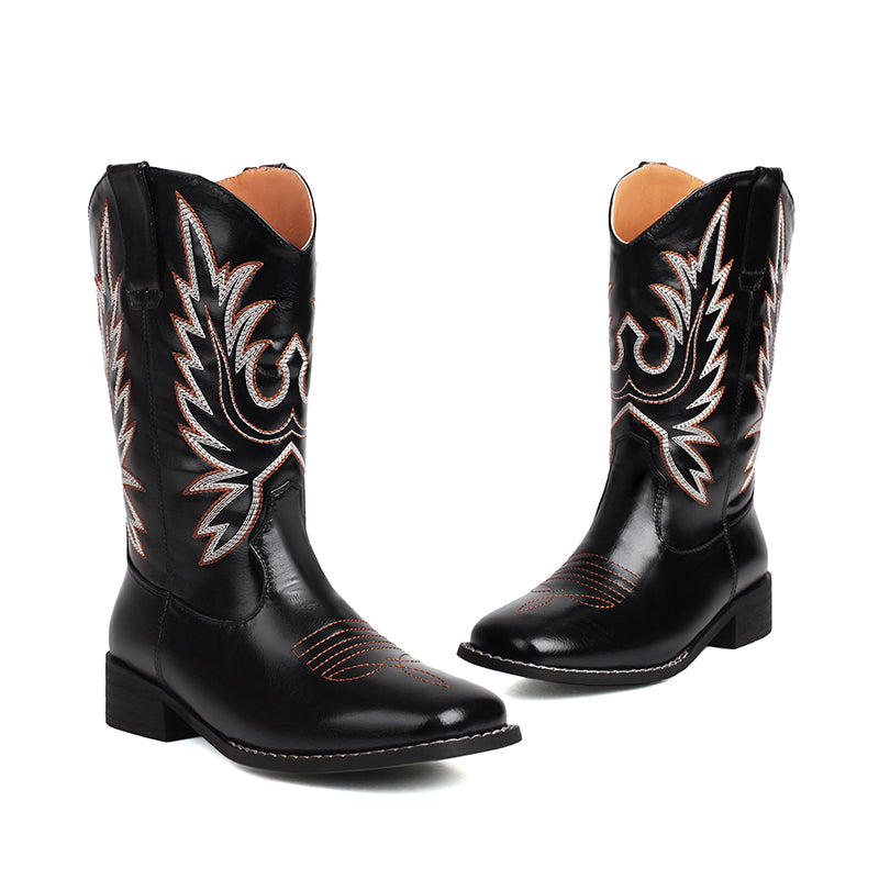 black Embroidery vintage mid calf western boots