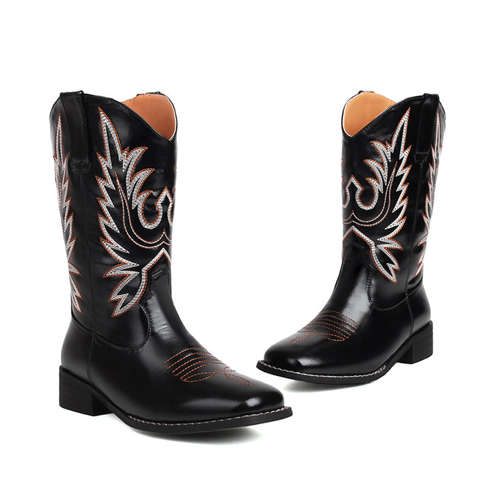 black Embroidery vintage mid calf western boots