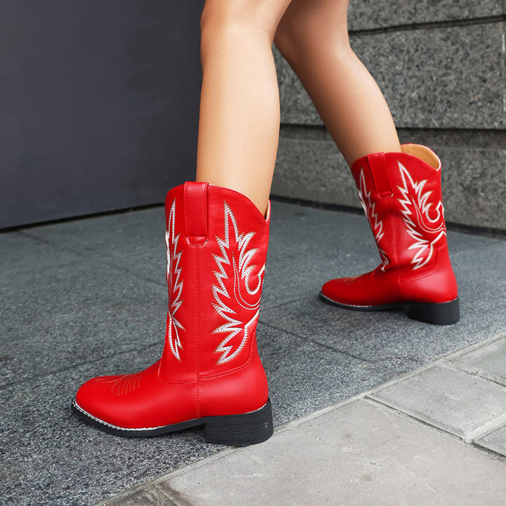 red Embroidery vintage mid calf western boots