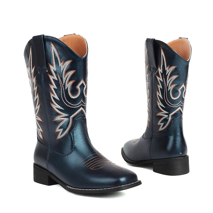 blue Embroidery vintage mid calf western boots