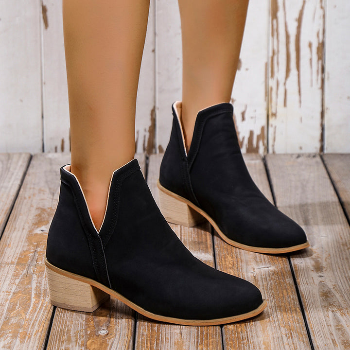 Fashion v cut ankle boots chunky heel slip on heeled booties