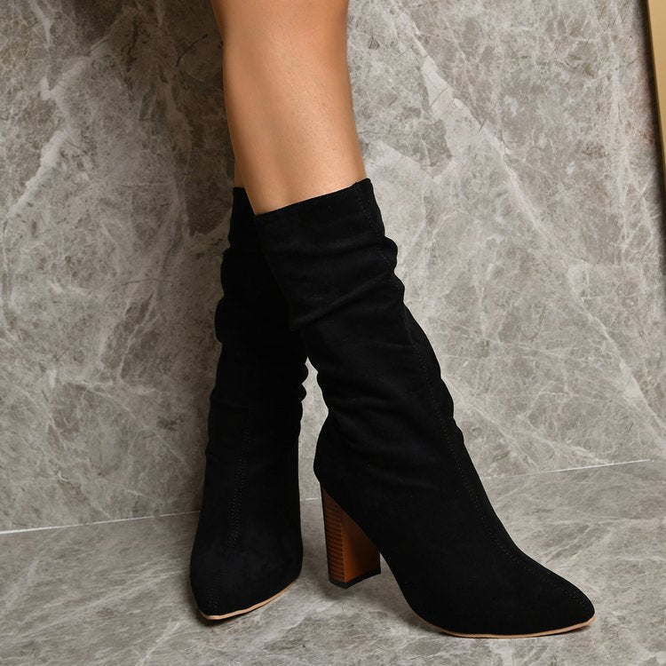 Faux suede slouchy mid calf boots pointed toe