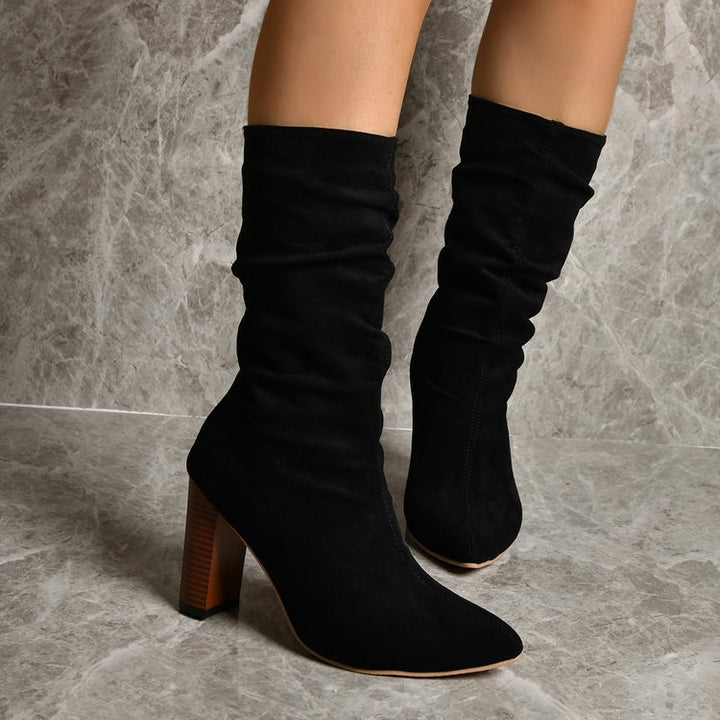 Faux suede slouchy mid calf boots pointed toe