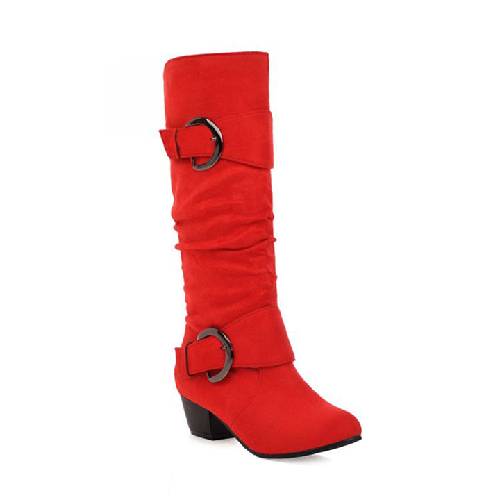 Faux suede slouchy mid calf boots with buckles