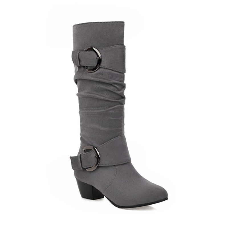 Faux suede slouchy mid calf boots with buckles