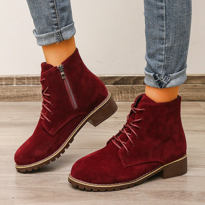 Flock lace-up ankle boots with zipper