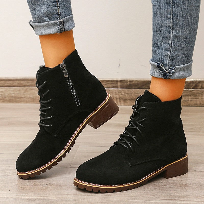 Flock lace-up ankle boots with zipper