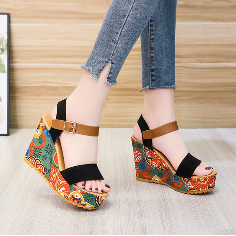 Floral print platform sandals ankle strap color block chunky wedge sandals