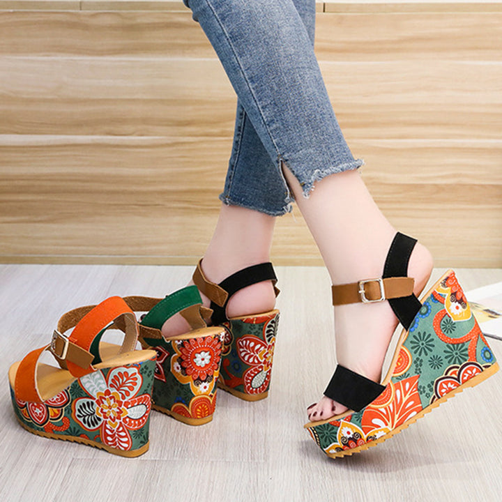 Floral print platform sandals ankle strap color block chunky wedge sandals