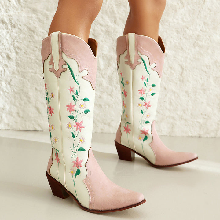 Flower embroidery pink patchwork western boots