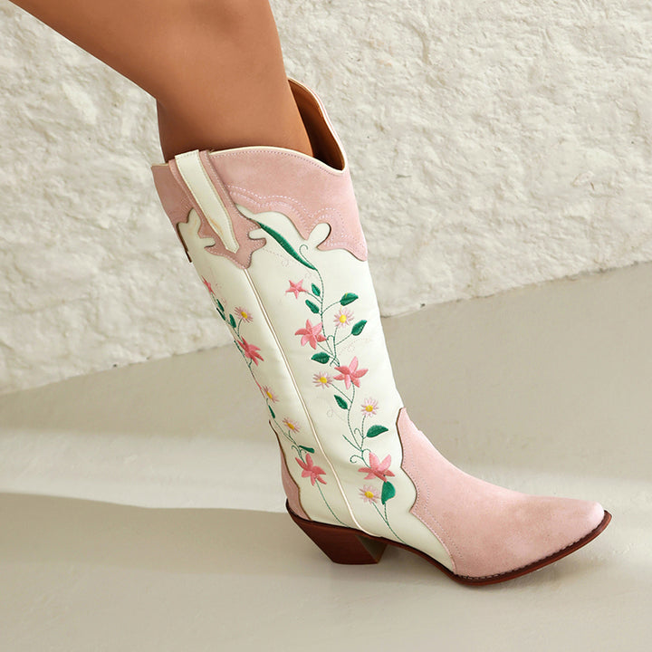 Flower embroidery pink patchwork western boots