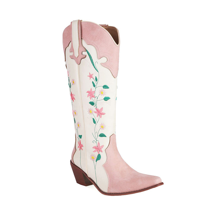 Flower embroidery pink patchwork western boots