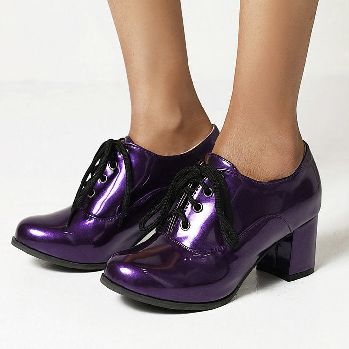 Elegant Chunky Heel Oxfords for Women – PU Patent Lace-Up Pumps for Prom & Parties