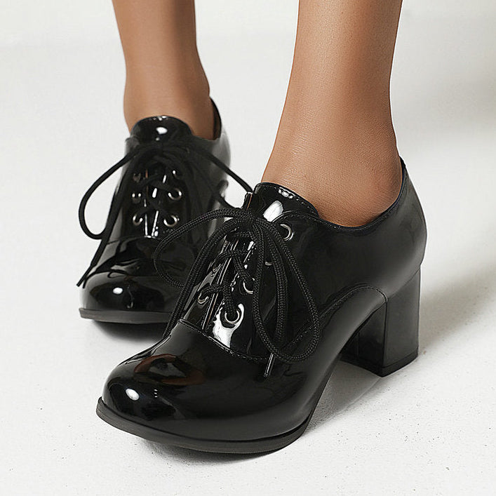 Elegant Chunky Heel Oxfords for Women – PU Patent Lace-Up Pumps for Prom & Parties
