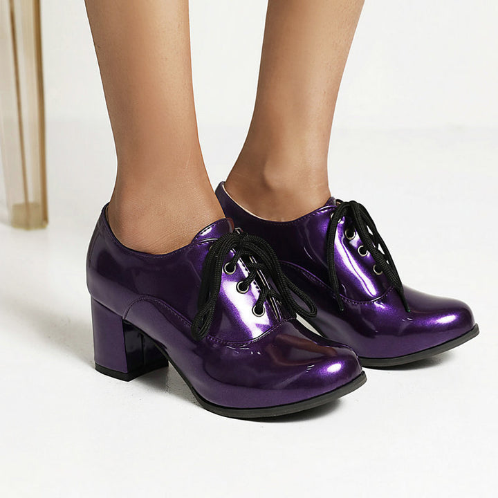 Elegant Chunky Heel Oxfords for Women – PU Patent Lace-Up Pumps for Prom & Parties