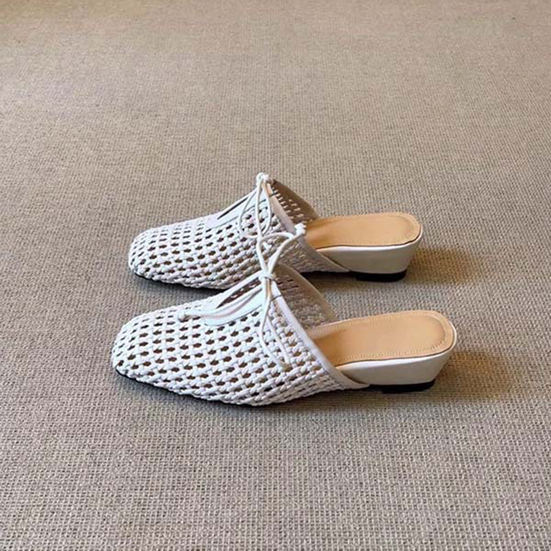 white French chic woven low heels mules
