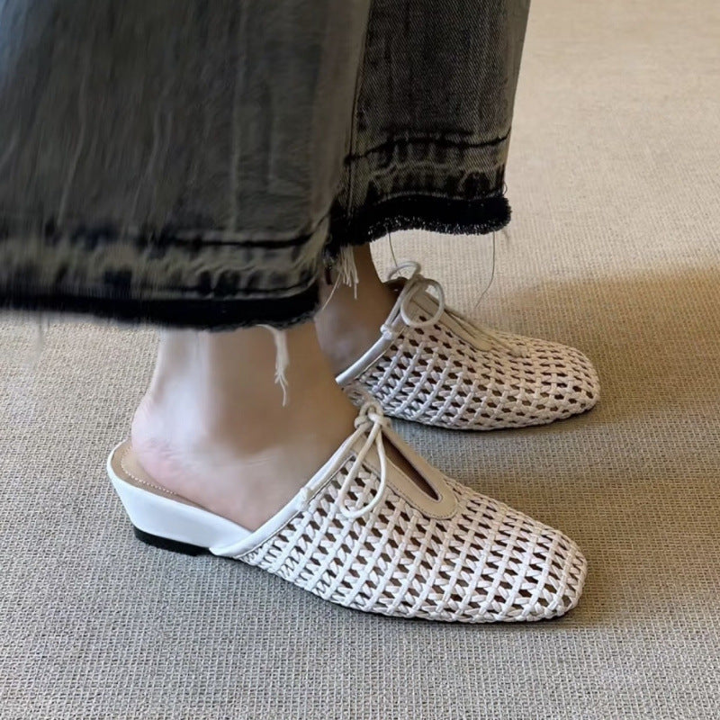 white French chic woven low heels mules