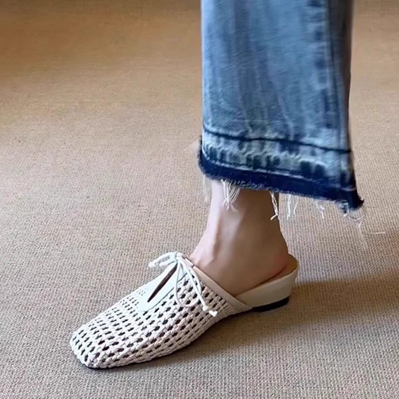 white French chic woven low heels mules