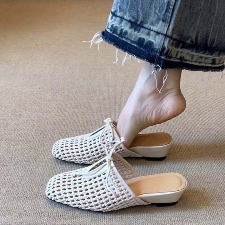white French chic woven low heels mules