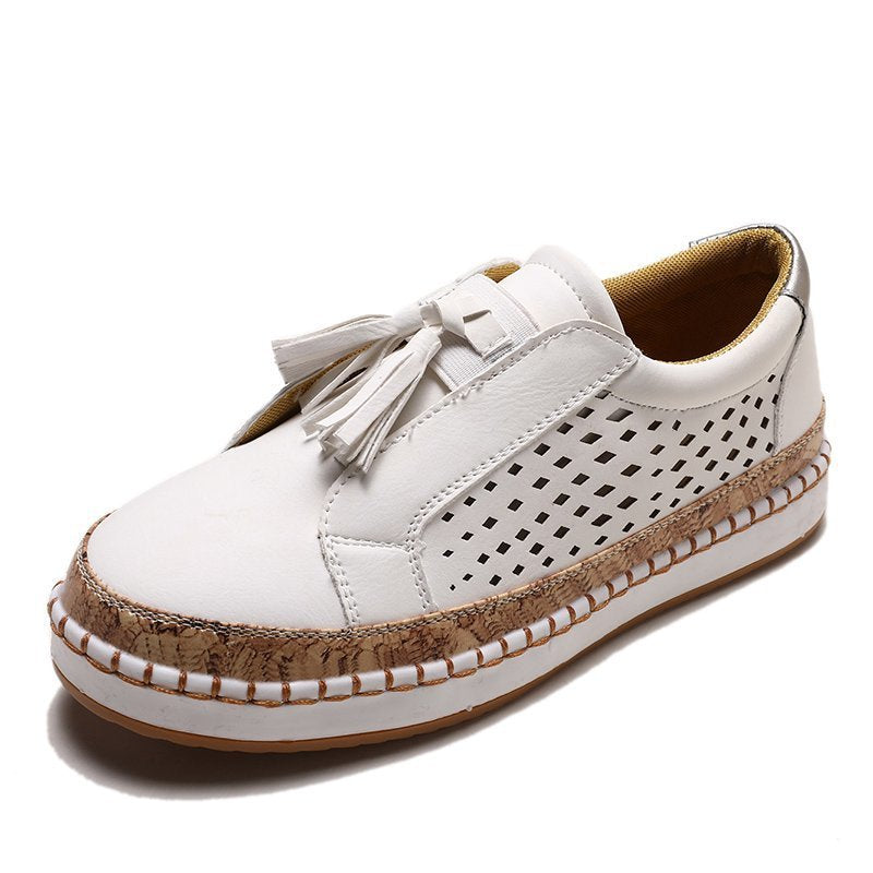 white Fringe Tassels Hollow Out Women Sneakers Round Toe Slide Sneakers
