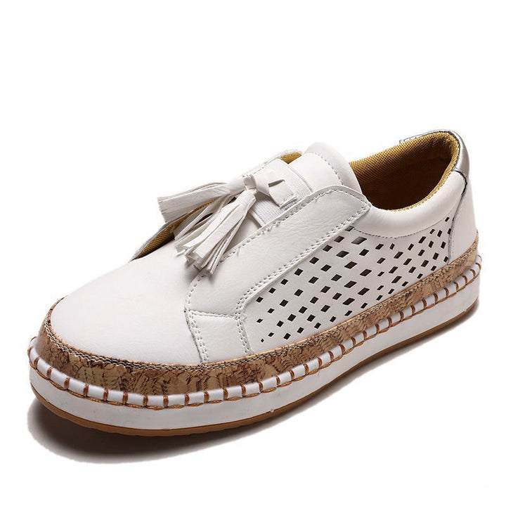 white Fringe Tassels Hollow Out Women Sneakers Round Toe Slide Sneakers
