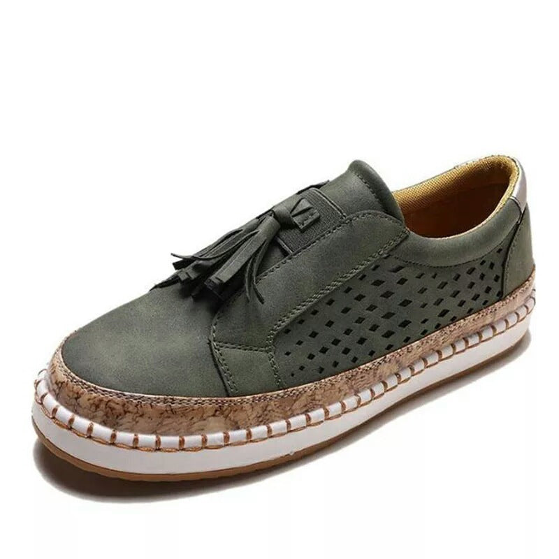 green Fringe Tassels Hollow Out Women Sneakers Round Toe Slide Sneakers
