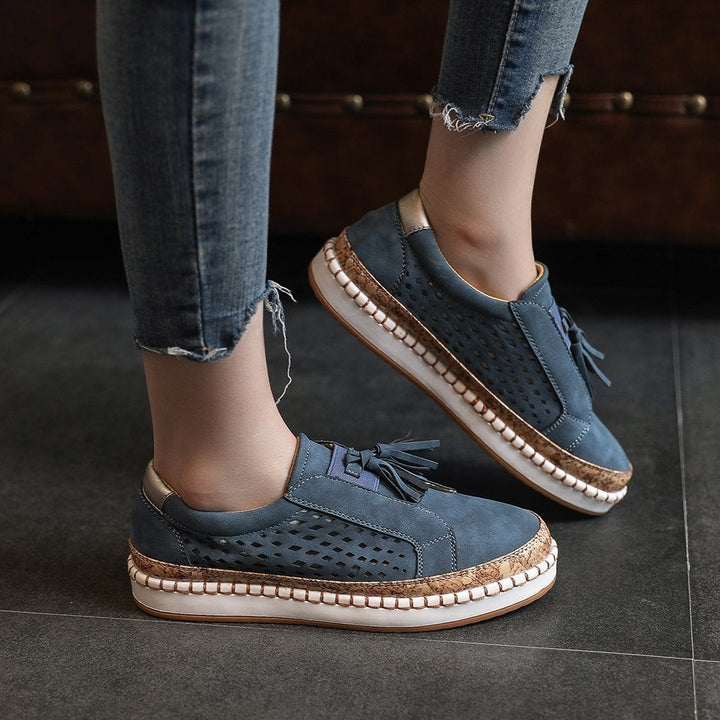 blue Fringe Tassels Hollow Out Women Sneakers Round Toe Slide Sneakers