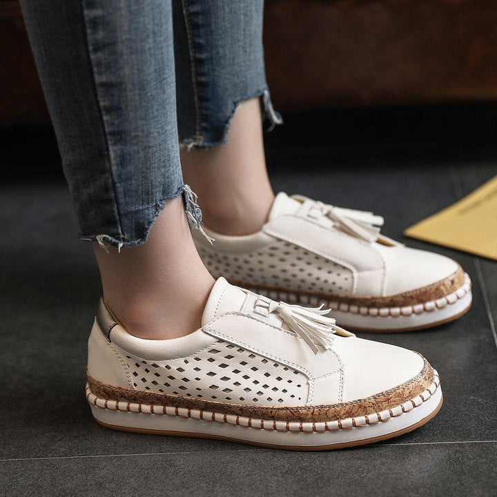 white Fringe Tassels Hollow Out Women Sneakers Round Toe Slide Sneakers
