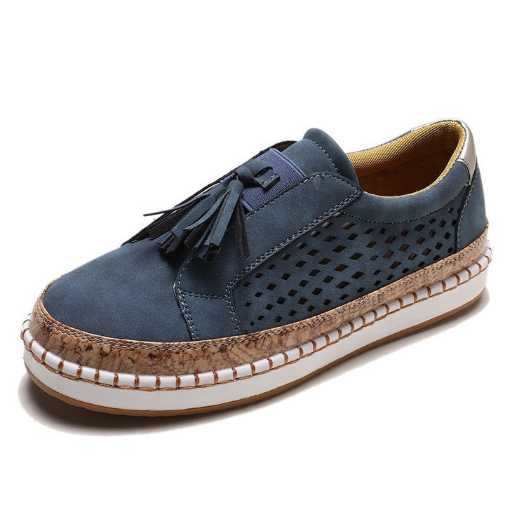 blue Fringe Tassels Hollow Out Women Sneakers Round Toe Slide Sneakers
