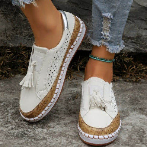 Fringe Tassels Hollow Out Women Sneakers Round Toe Slide Sneakers