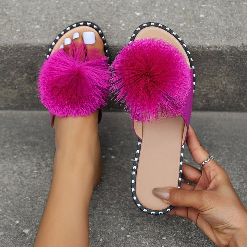 Fur flat sandals beach peep toe cute slide sandals