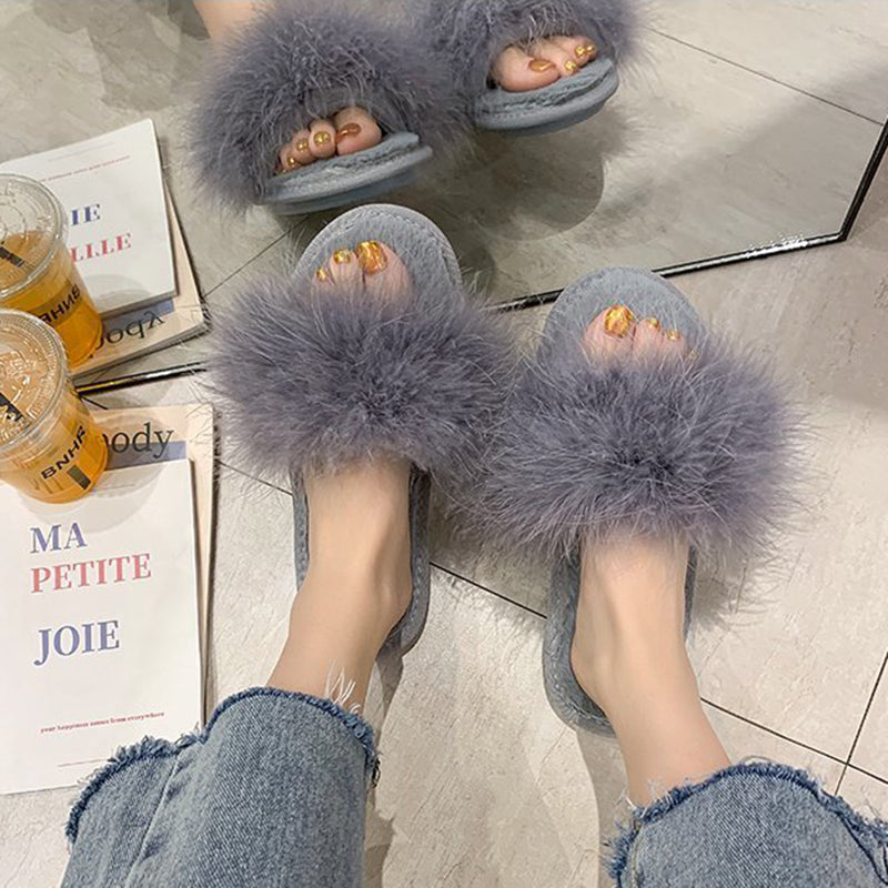 Fur peep toe slide sandals non slip flat sandals