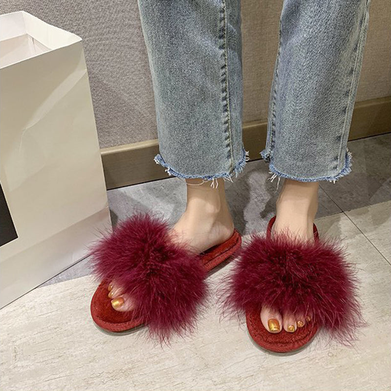 Fur peep toe slide sandals non slip flat sandals