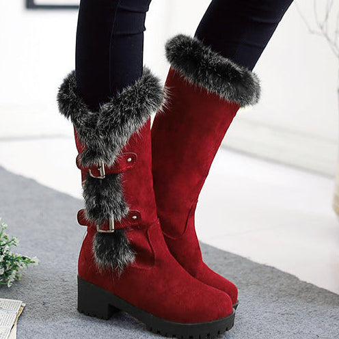 Furry mid calf snow boots faux suede boots with fuzzy trim