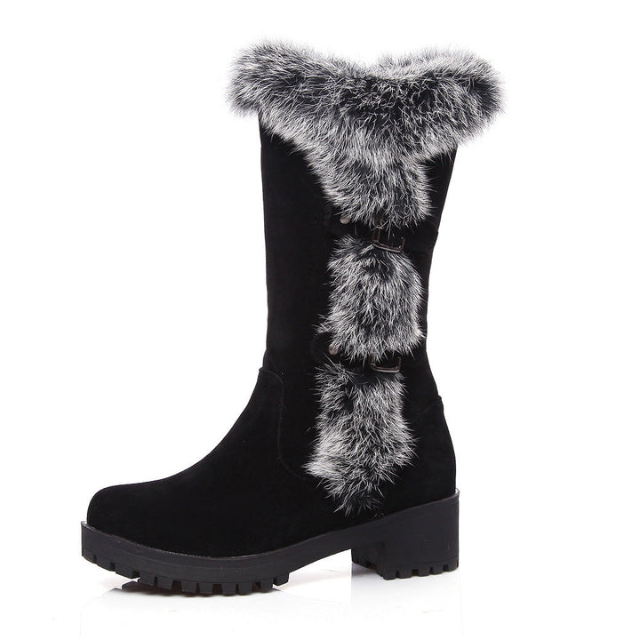 Furry mid calf snow boots faux suede boots with fuzzy trim