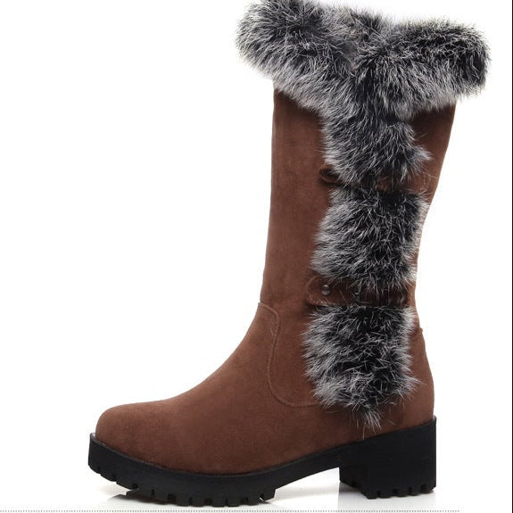 Furry mid calf snow boots faux suede boots with fuzzy trim